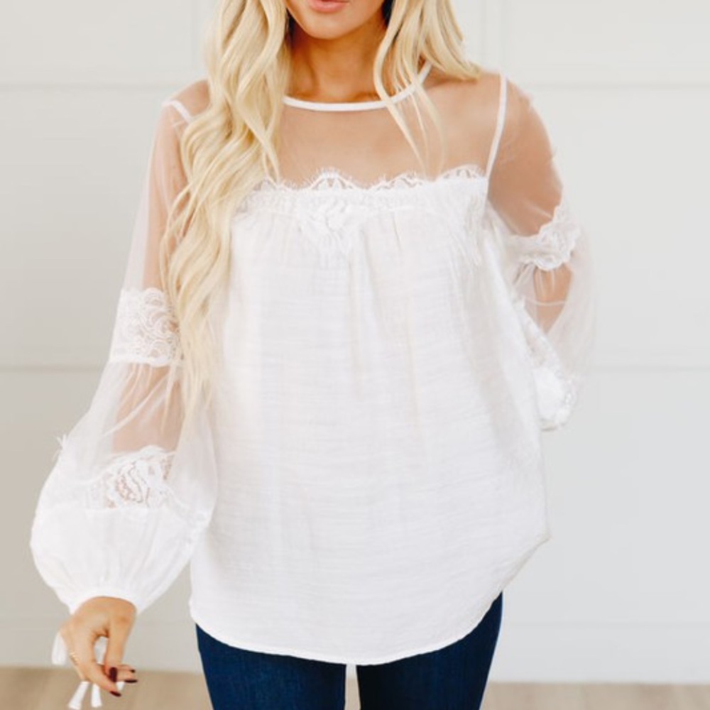 Boho Lace Sheer Balloon Sleeve White Blouse - Picture 1 of 2